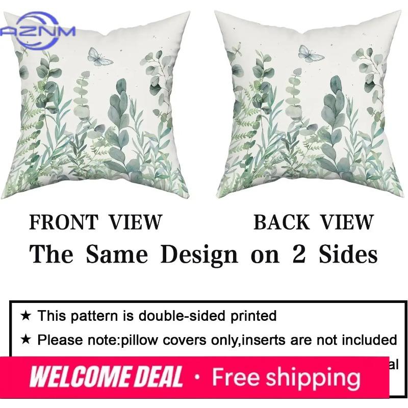 Eucalyptus Leaves Cushion Covers 18X18 Inch Set Of 2 Sage Green Leaf Butterfly Pillow Cases Spring Summer Floral Pillow Covers