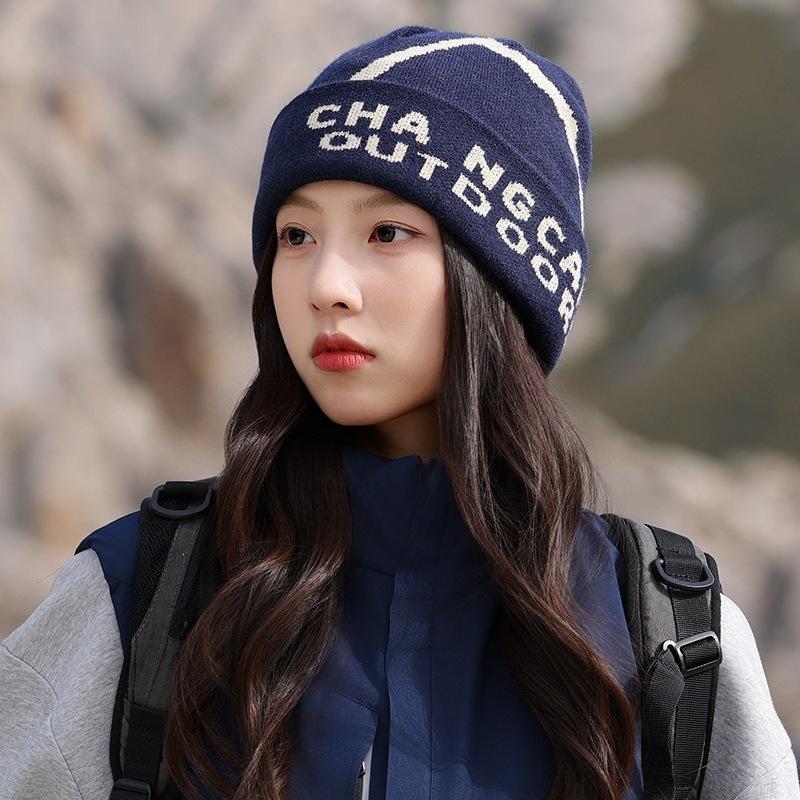 American-style Letter-patterned Knitted Beanie, Women's Warm Pull-on Hat, Men's Face-slimming Beanie, Cold-weather Hat