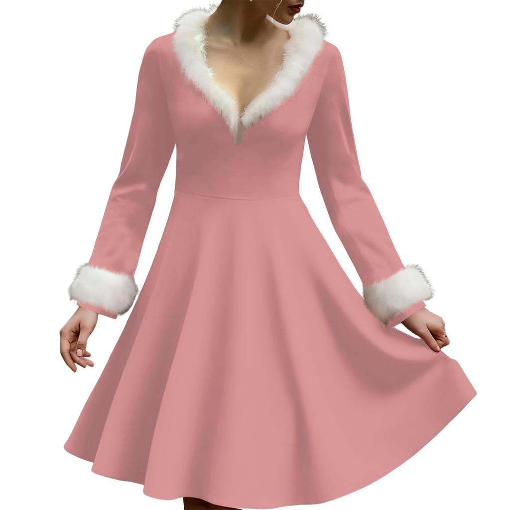 Women's Casual V-neck Christmas Print Plush Long-Sleeve Casual Dress