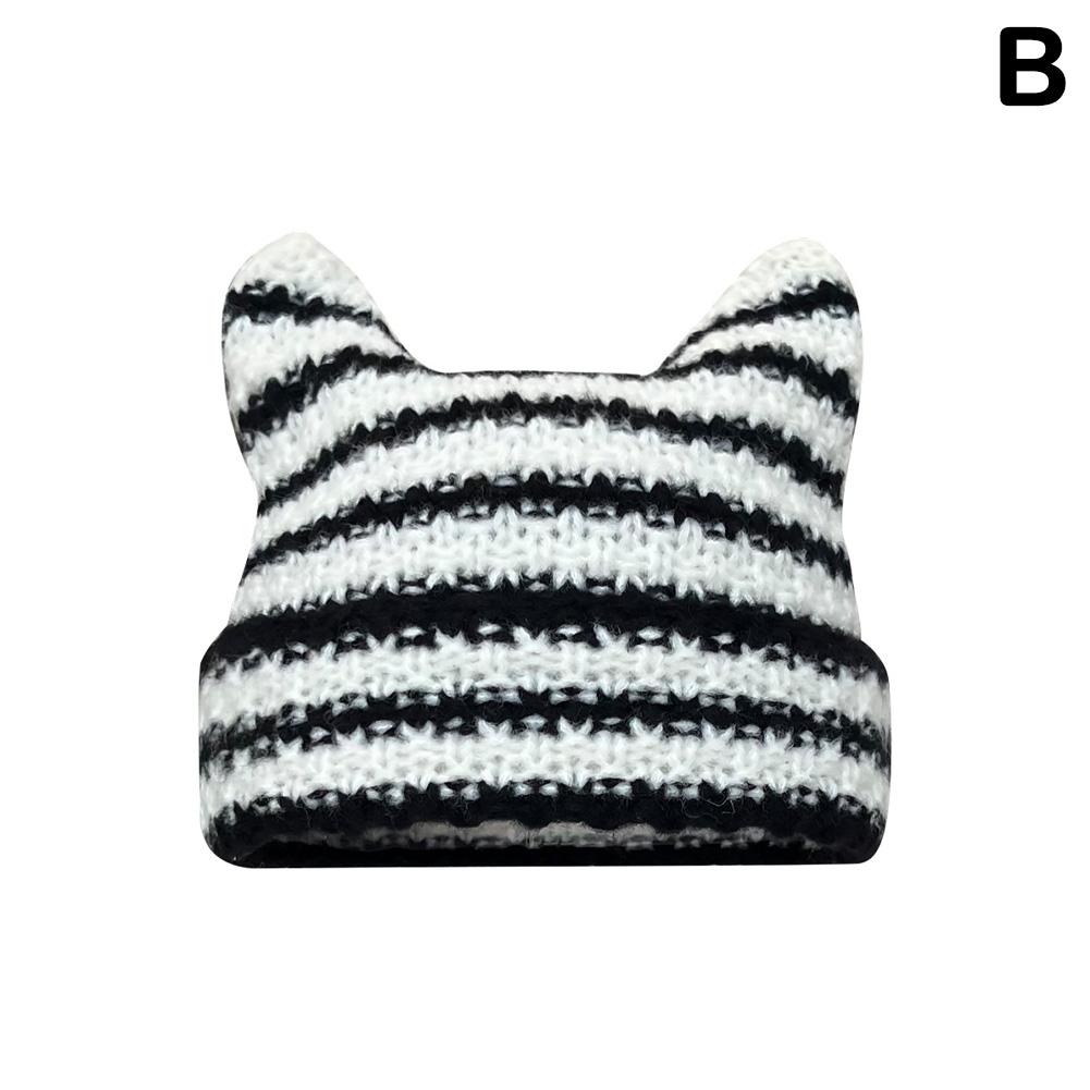 

Женская вязаная шапка с кошачьими ушками, маленькая дьявольская шапка, модная шапка с ушками ручной работы, теплая женская вязаная шапка с рогом, дьявол Q4E6 black white-One-size
