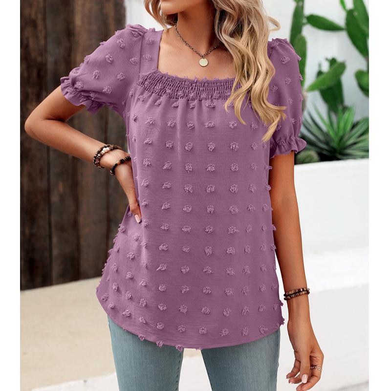 Women Summer Square Collar Short Sleeve Blouses Solid Loose Elegant Shirts Casual Streetwear Tunic Tops 2025