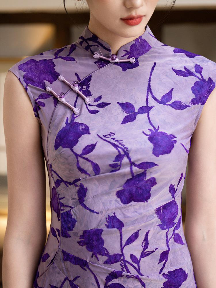 Exquisite 2025 Summer Rose Print Purple Qipao - New Chinese Style Dress for Young Girls