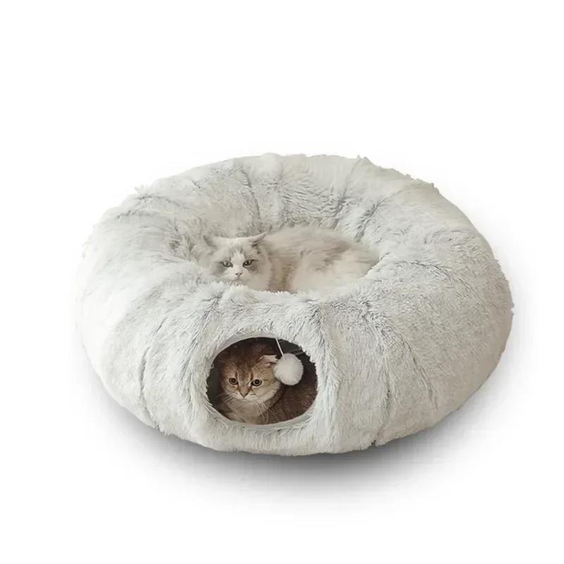 Indoor Plush Cat Bed With Tunnel For Cats Multifunctional Cat Tunnel Bed With Peephole Fluffy Donut Cat Bed With Tunnel