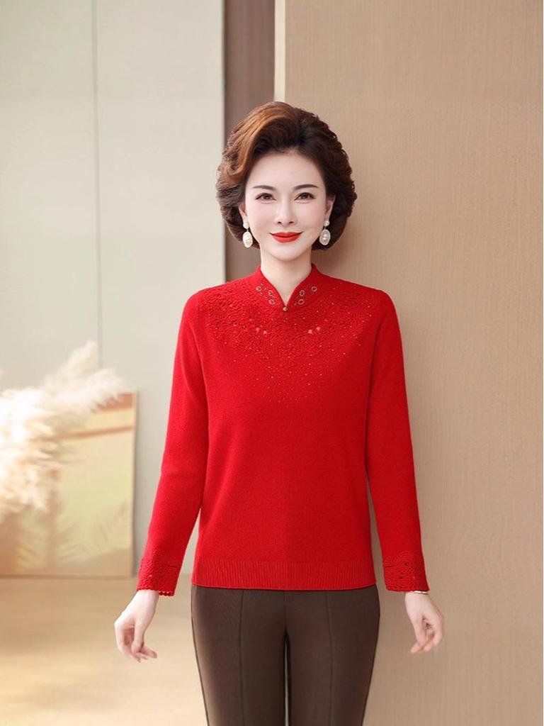 Stylish Embroidered Wool Cardigan Sweater for Middle-Aged Women - Plus Size, Solid Color, Autumn/Winter Top