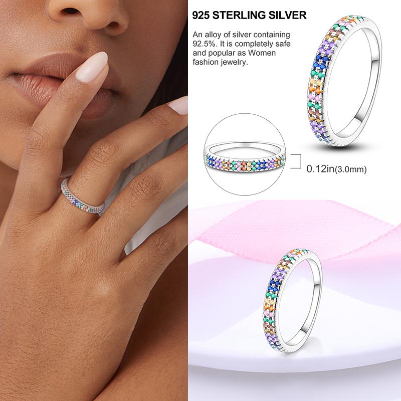 New Sparkling Rainbow Rings 100% 925 Sterling Silver Circle Colorful Zircon Fine Pink Ring Women Wedding Engagement Jewelry Gift