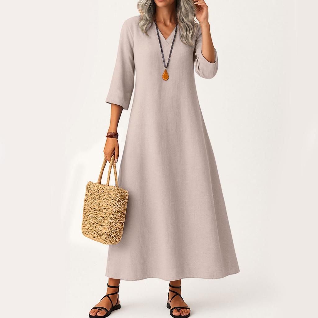 Dress For Women Long Boho Beach Dress Elegant Maxi Dress V-Neck 3/4 Sleeve Dress With Pockets