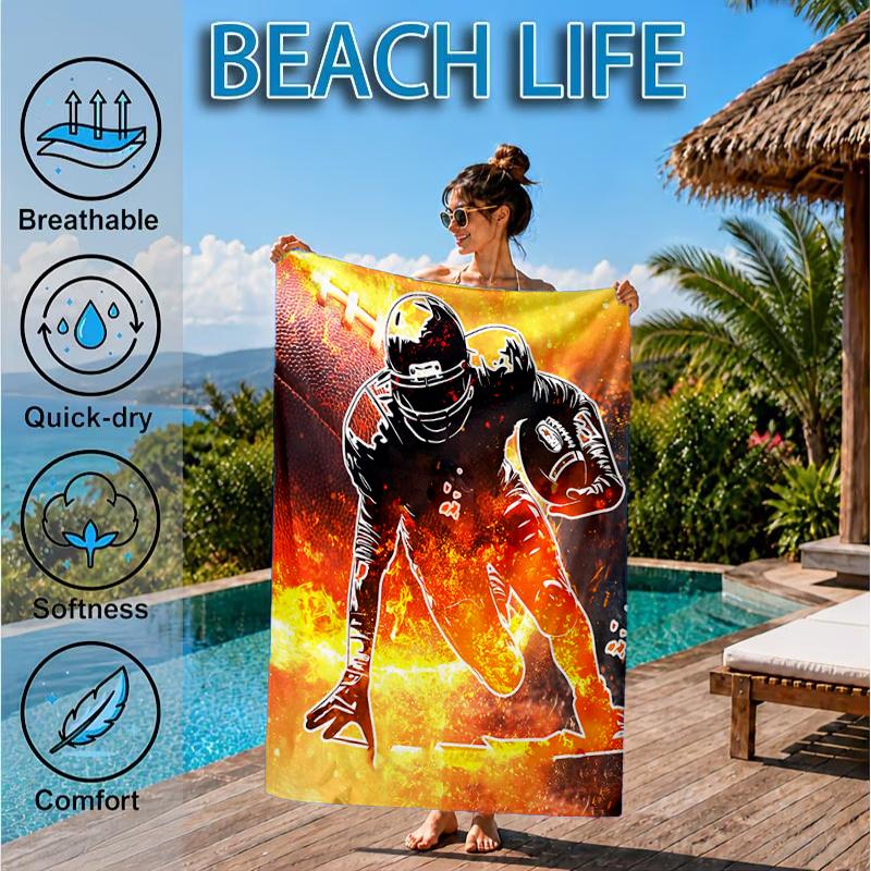 Football Player In Flames Beach Towel, Microfiber Beach Towel, Perfect For Pool, Beach, Travel, Home Decor Beach Party Fan gifts