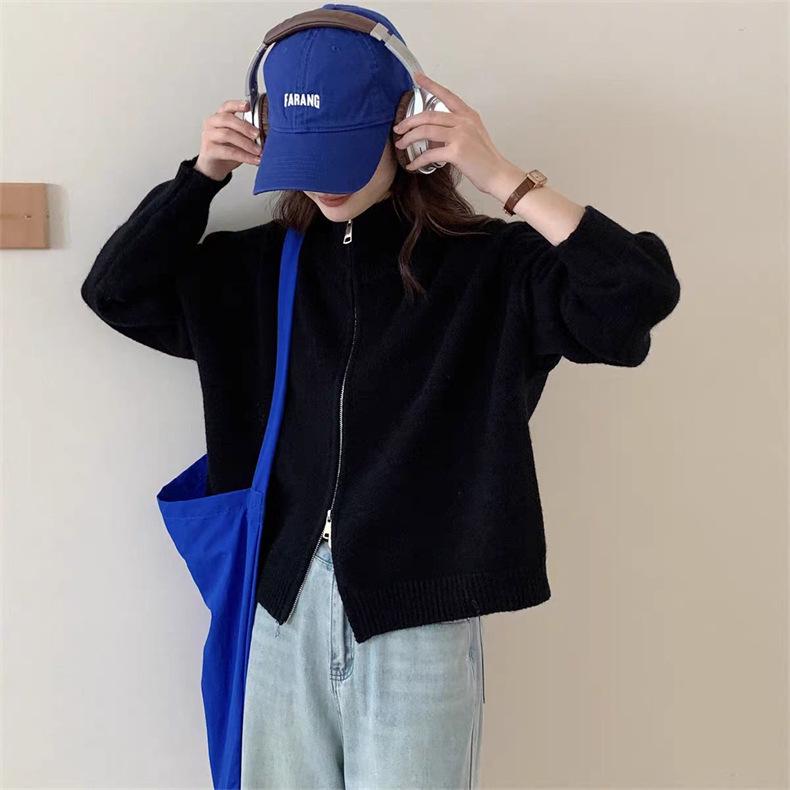 Women's Korean-Style Double Zipper Stand Collar Knit Cardigan - Loose Fit, Casual, Autumn/Winter 2024 Sweater Coat