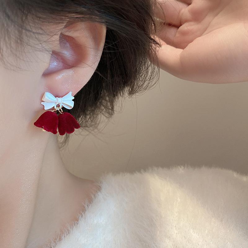 Festive red velvet bow stud earrings women's earrings temperament sweet flower long fringed earrings earrings autumn and winter