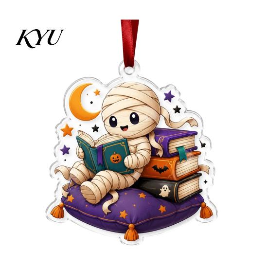 Halloween Festive Decorations Reading Ghost Hanging Ornament, Acrylic Holding Book Pumpkin Bookshelf Ornaments Black Cat Mummy Decor, 2D Cartoon