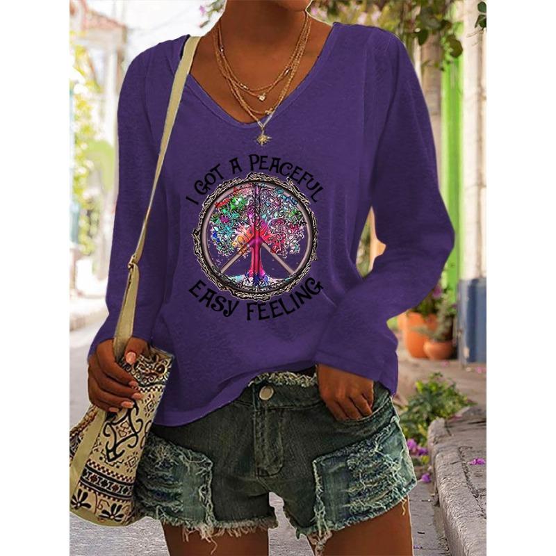 Women's Hippie Letter Print T-Shirts Retro Casual Loose Long Sleeve V Neck Tops