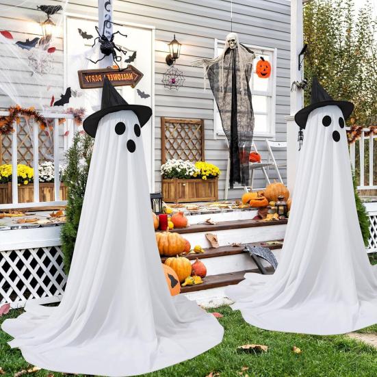 55" Solar Ghost Light for Halloween Outdoor Decoration Waterproof Light Up Standing White Ghost with Witch Hat
