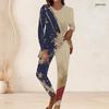 Women Plus Size Round Neck Long Sleeve Red White Blue Flag Printed Longline Top Fitted Pants Two Piece Set