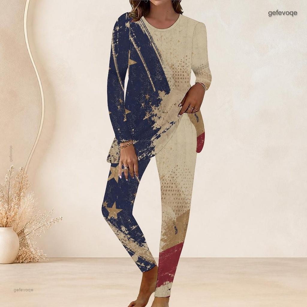 Women Plus Size Round Neck Long Sleeve Red White Blue Flag Printed Longline Top Fitted Pants Two Piece Set