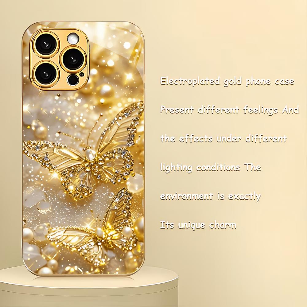 Golden Butterfly Design Electroplated Glass Phone Case Suitable for iPhone17 16 15 14 13 12 11Pro/Max/Plus Shockproof Back Cover