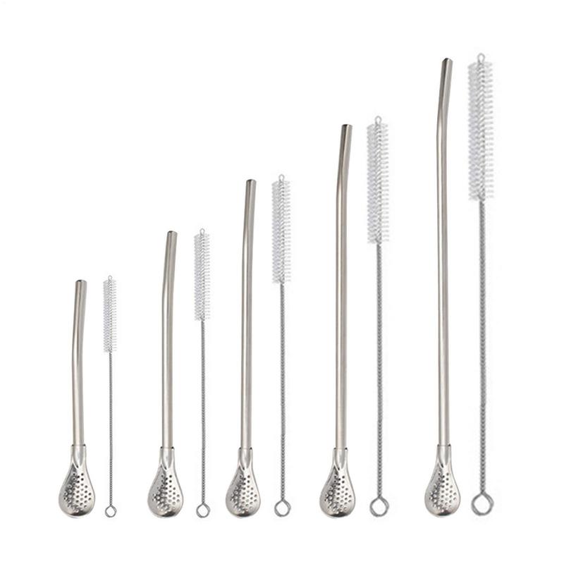 Removable Stainless Steel Straw Filter Spoon with Cleaning Brush Reusable Metal Straw Spoon Cocktail Stirrer for Drinking Tea