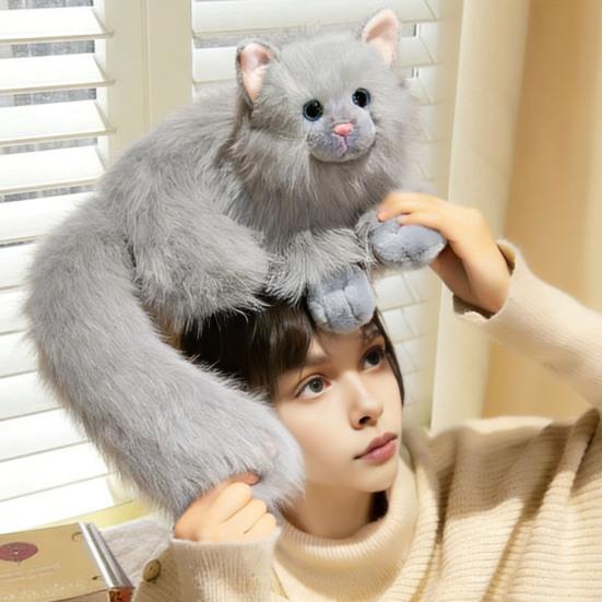 Realistic Cat Plush Toy Lifelike Stuffed Animal Cat Doll Soft Fluffy Cat Throw Pillow Gift for Adults Kids Youth