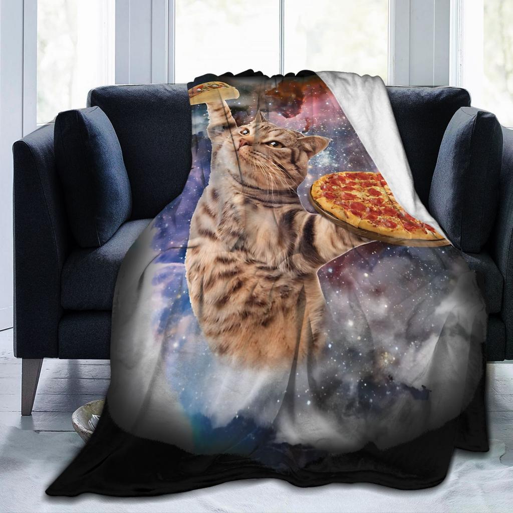 Outer Space Pizza Cat Galaxy Blankets Flannel Textile Decor Funny Breathable Lightweight Throw Blankets for Quilt