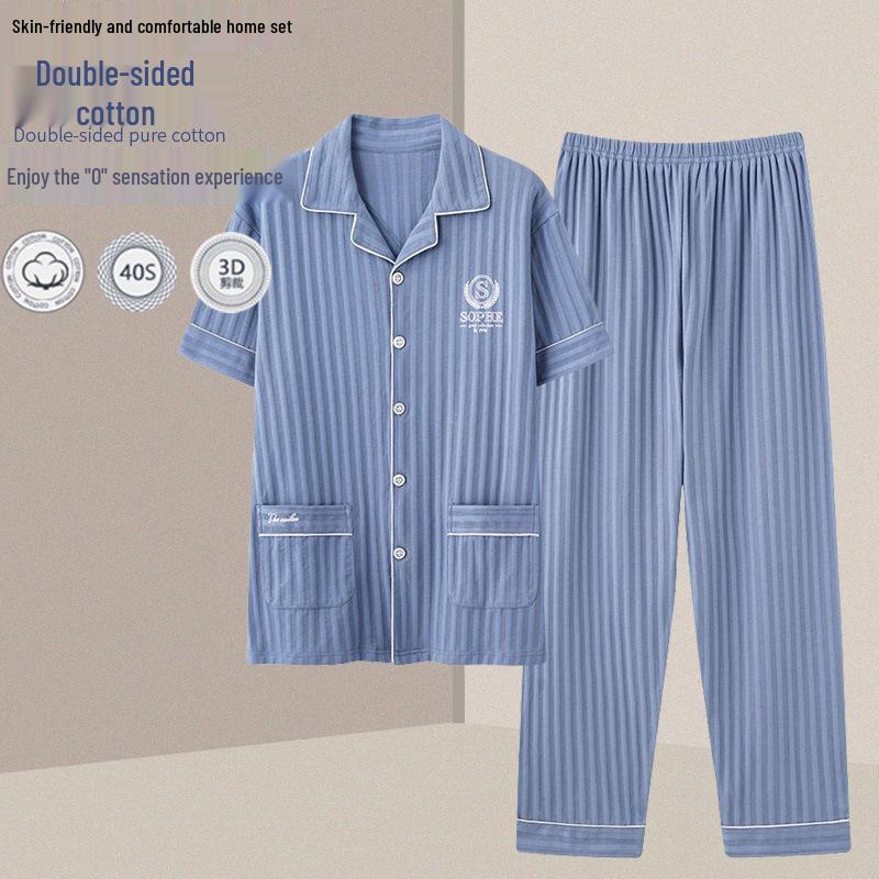 Herren Sommer Baumwollpyjama-Set: Kurzärmeliges Oberteil & Lange Hose, Leichtgewicht, Draußen tragbar, Einfache Übergrößen-Homewear