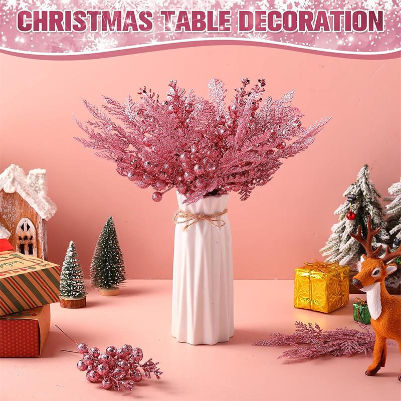 Glitter Christmas Decoration Artificial Berry Stalk Pine Needle Bouquet Christmas Tree Ornament Xmas DIY Wreath Gift Accessories