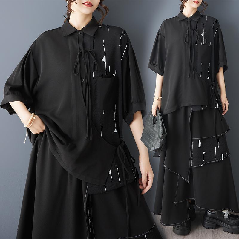 DIMANAF 2026 New Summer Autumn Plus Size Women Blouse Shirt Fashion Lady Tops Tees Loose Oversized Casual Button Print Black Shirt