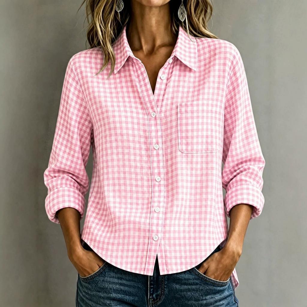 1116 Spring and Summer European and American Women's Long Sleeve Plaid Casual Loose Lapel Shirt Women's Top