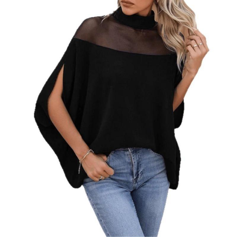 Summer New Fashion Women's Mesh Off-shoulder Bat-sleeve Elegant Half Turtleneck Top