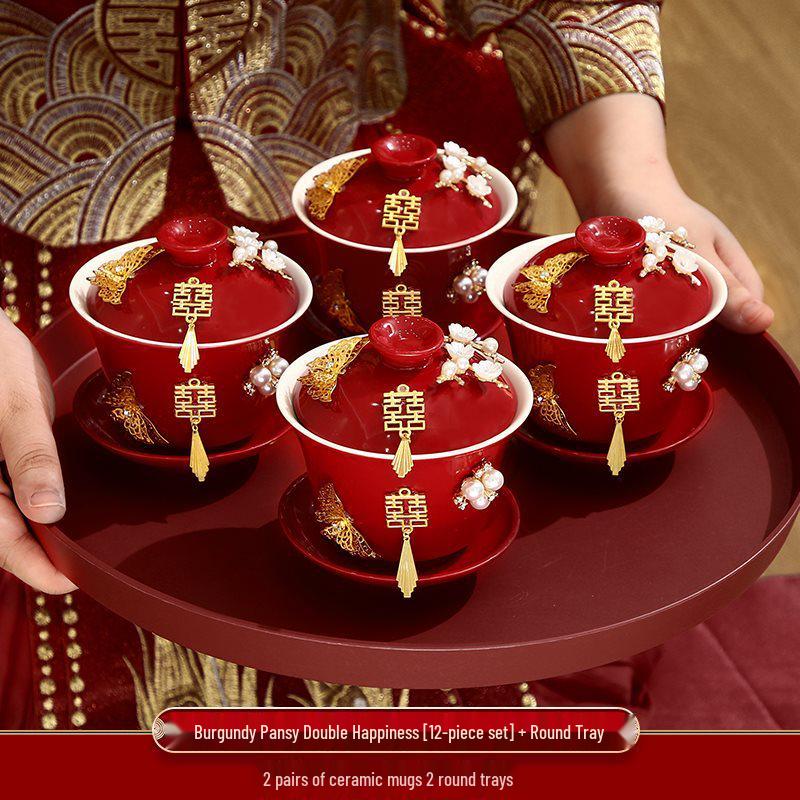 

Red Wedding Tea Set: Pair of Bowls, Cups, Chopsticks & Teaware Toasting Dowry Set