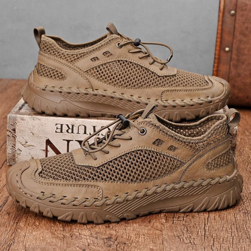 

2025 summer men s mesh shoes mesh casual classic independent station outdoor leather shoes hand-sewn bag head men s shoes 38 коричневий
