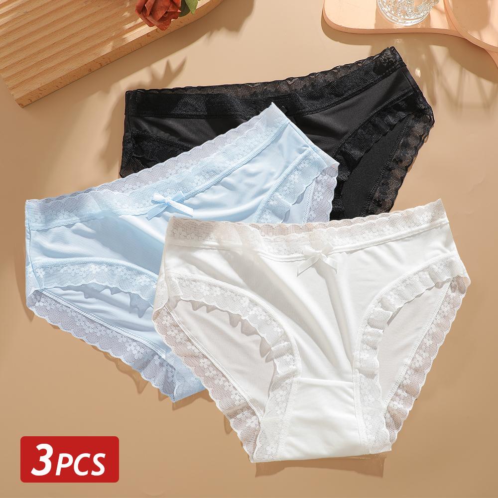 3PCS/Set Seamless Panties Ice Silk Lace Perspective Briefs Ultra Thin Breathable Underwear Cool Summer Female Sexy Lingerie