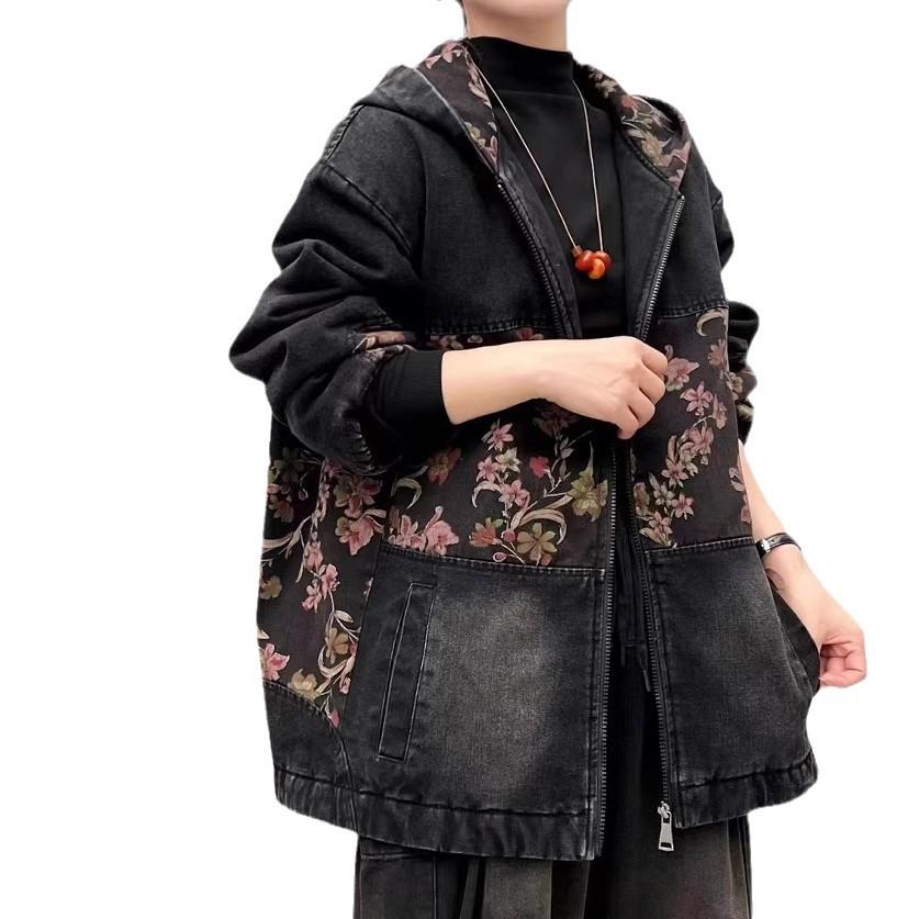 2025 autumn new product splicing printing outer loose version positive denim zipper hooded jacket women's top