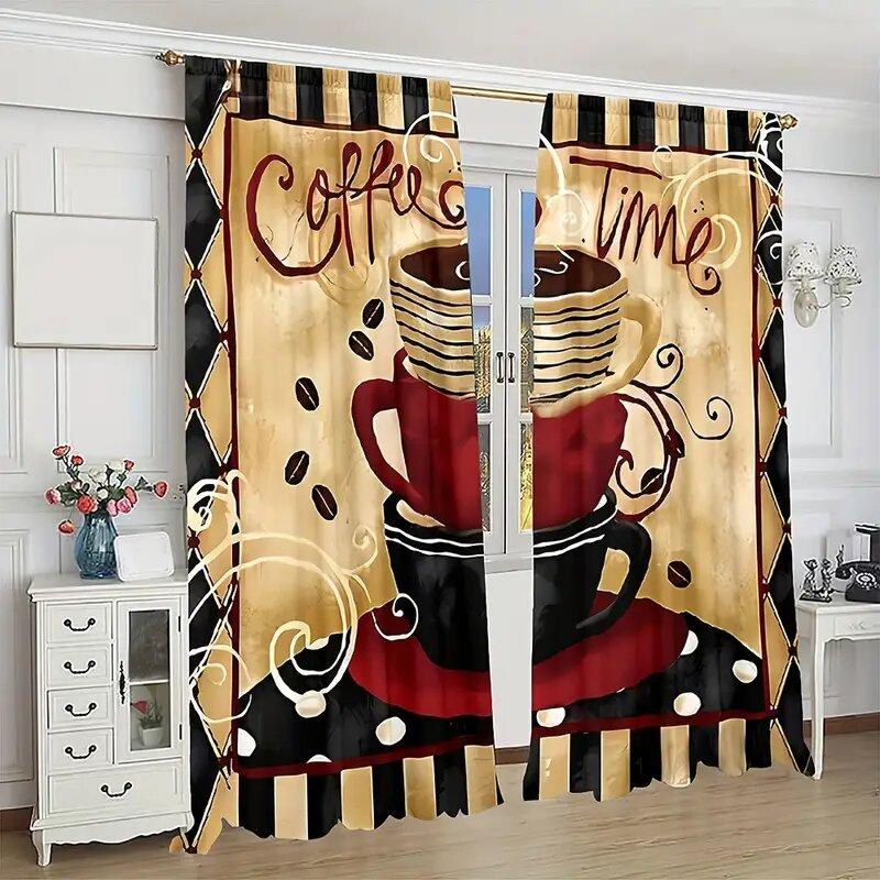 Set Of 2 Colorful Coffee Geometric Pattern Printed Curtains Window Decorations Home Room Curtain Polyester