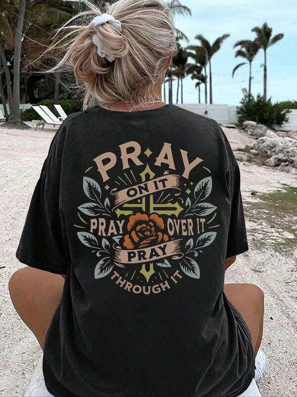 Unisex floral and letter print drop-shoulder T-shirt, casual basic style short-sleeved crew neck T-shirt for both men and women. XXXL