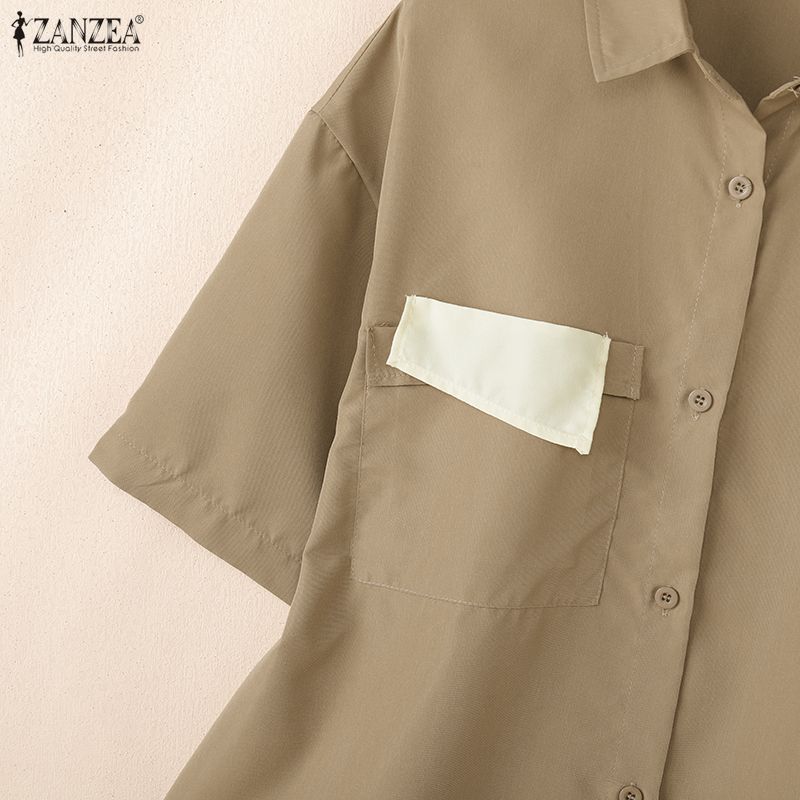 ZANZEA Blusa informal holgada de media manga con cuello vuelto para mujer