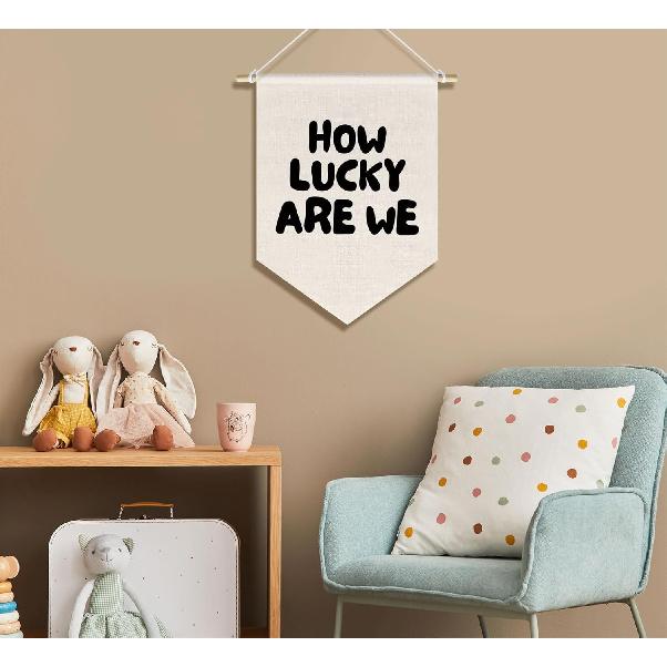 How Lucky Are We Banner Pennant Wall Art Decor Hanging for Kids Boys Room Nursery Playroom Decor, Cute Play Room Decorations, 15x11in