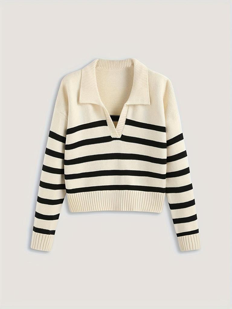 Retro Striped Polo Collar Wool Sweater for Women - Loose, Versatile Lapel Knitwear for Autumn