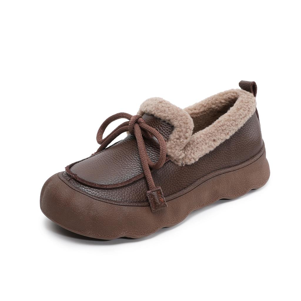 Johnature Plush Warm Loafers Thick Soled Casual Genuine Leather Versatile Round Toe Cotton Shoes