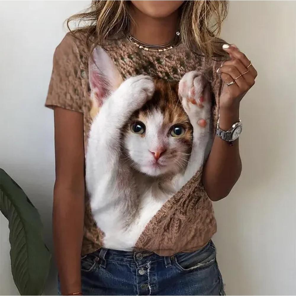 Women's T Shirts Funny 3D Kawaii Cat Print T-Shirts Fashion O-neck Short Sleeve Top Oversized Female Y2k Clothing Cute Girl Tees