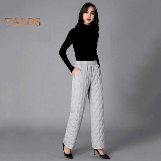 Autumn Winter Cotton Pants Rhombus Quilted Straight Wide Leg Long Pants with Pockets Solid Color Thickened Warm Trousers