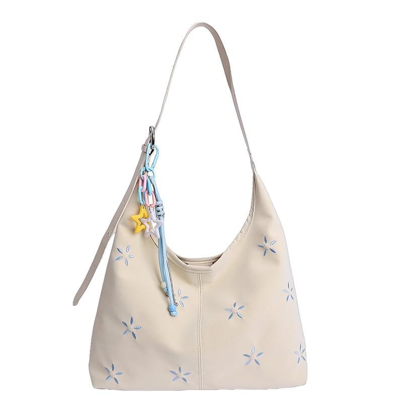 

Vintage Star Embroidered Soft Hobo Shoulder Bag Summer Star Pendant Casual Crossbody Bags Large Capacity Sweet Youth Tote Bag бежевый