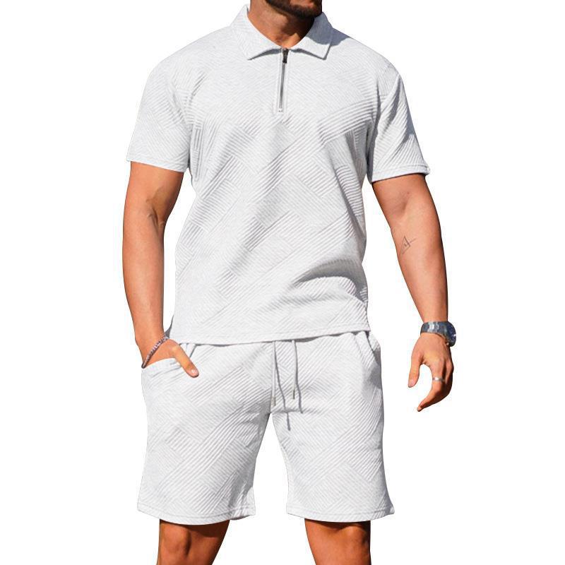 Lässige Textur Jacquard POLO Reißverschluss Revershemd kurzärmliges Shorts-Set