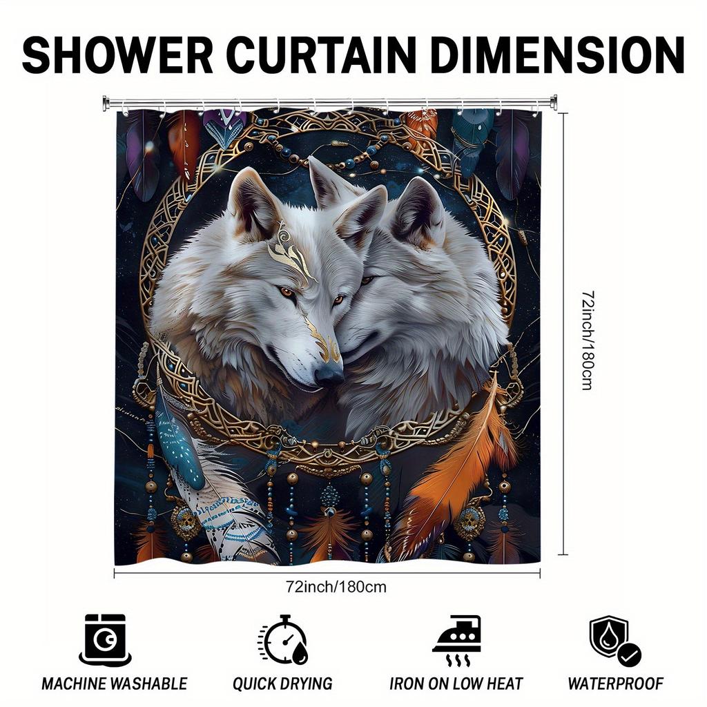 Exquisite Wolf Totem Shower Curtain - Mystical Wolf with Feathers, All-Season Design, Easy Install, Bathroom Accessories Set