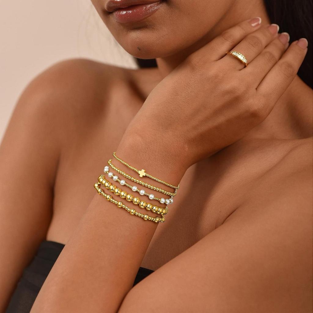 M MOOHAM Gold Beaded Bracelet Set for Women, Pearl Cross Stackable Jewelry | 14K Gold Plated Beaded Bracelets Set, Adjustable Stretch, Non Tarnish