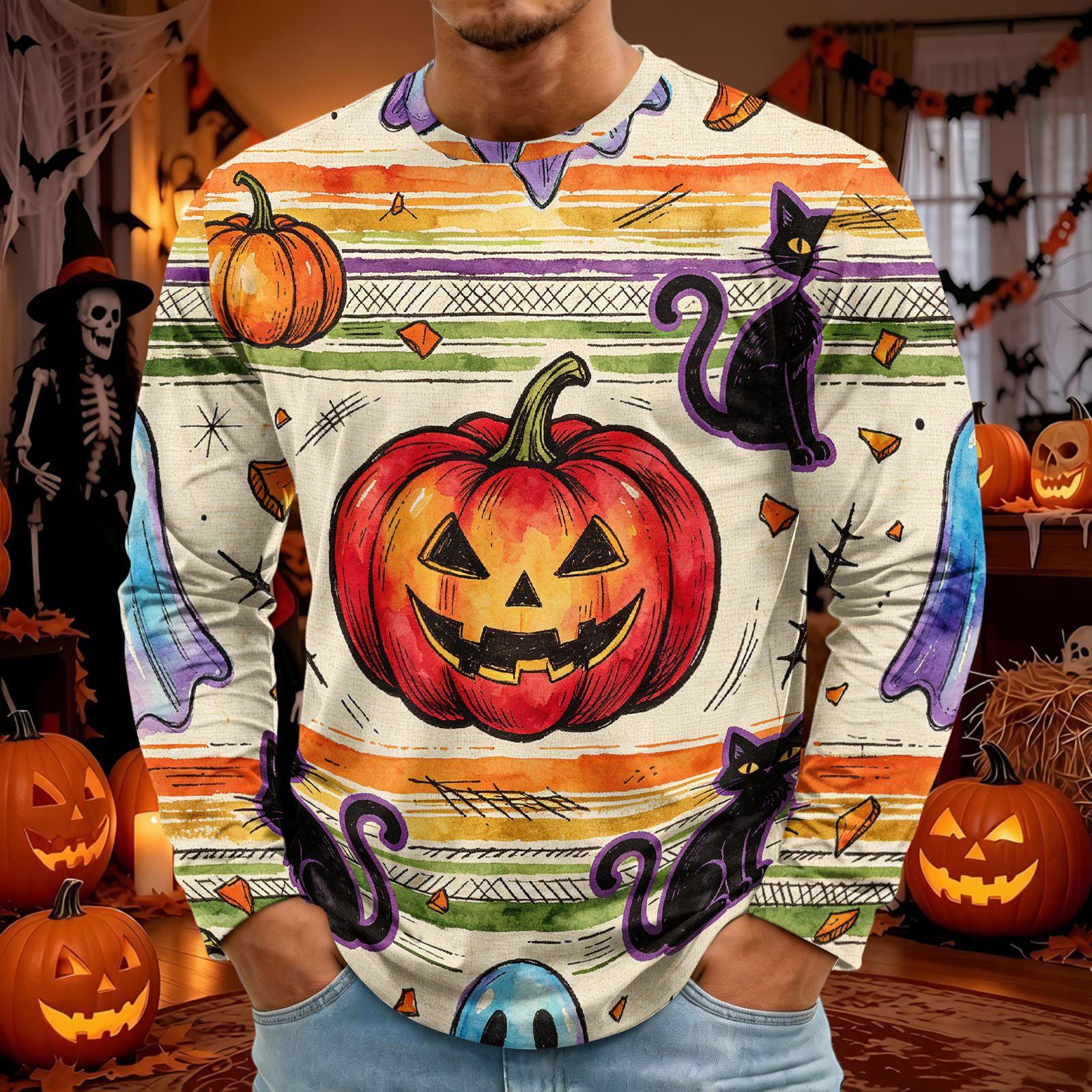 Men s Long Sleeve Halloween Print T-Shirt with Round Neck, Fashion Top for Halloween Events XL