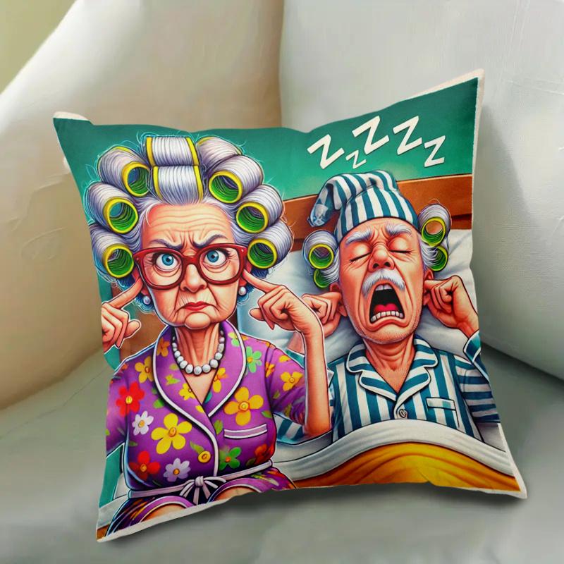1Pc Funny Elderly Couple Snoring Print Throw Pillow Cover,Suitable For Sofa,Bedroom,Living Room,A Humorous Gift For Seniors