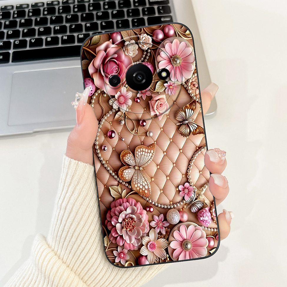 For Redmi A3 4G Phone Case For Xiaomi Poco C61 Cover Silicone Luxury Fashion Flowers Kawaii Cute Cat Painted Shockproof Bumper
