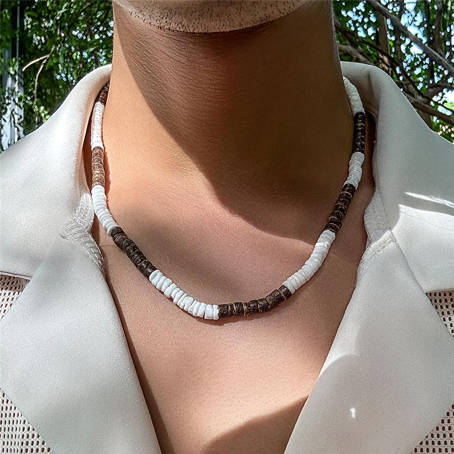 Vintage Beach Boho Surfer Coconut Wooden Chain Necklace for Men Simple Geometric Tribal Ethnic Beads Choker Neck Accessories New