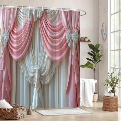 Eleganter Weiß-Rosa Satin-Duschvorhang - Spitzenverzierungen, Blumendekor & Satinschleifen, 12 Haken, Perfektes Umzugsgeschenk