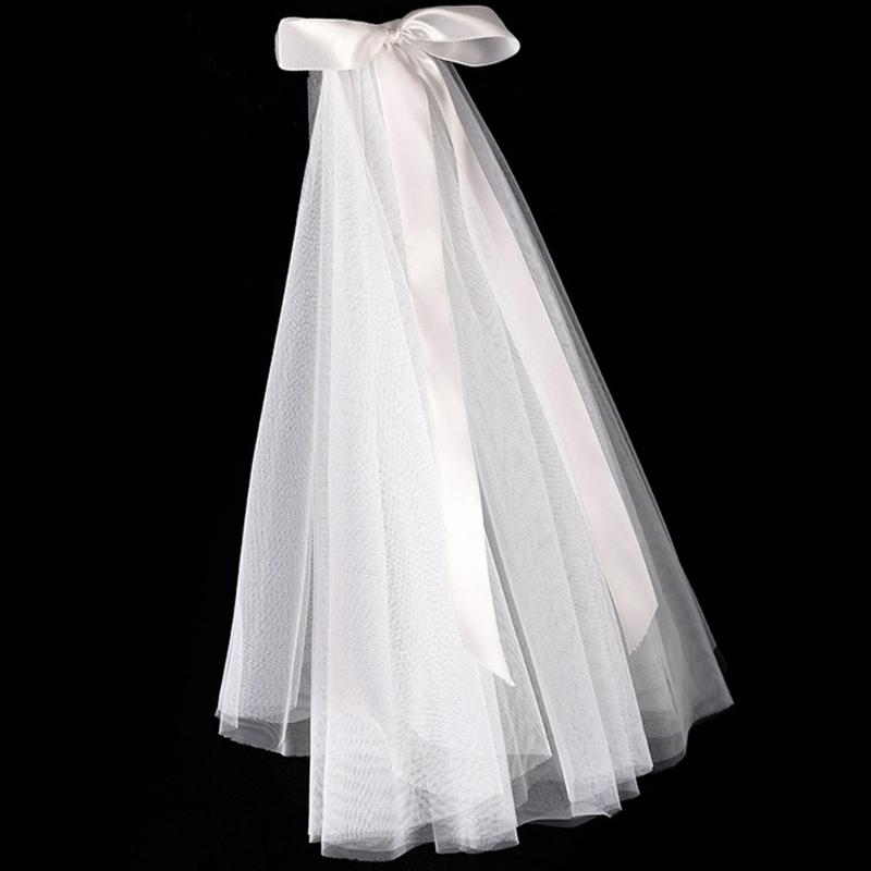 Wedding Veil with Metal Comb Wedding Hair Accessories for Flower Girl 2 Tier Tulle Length 18" Bow Ribbon Embellished