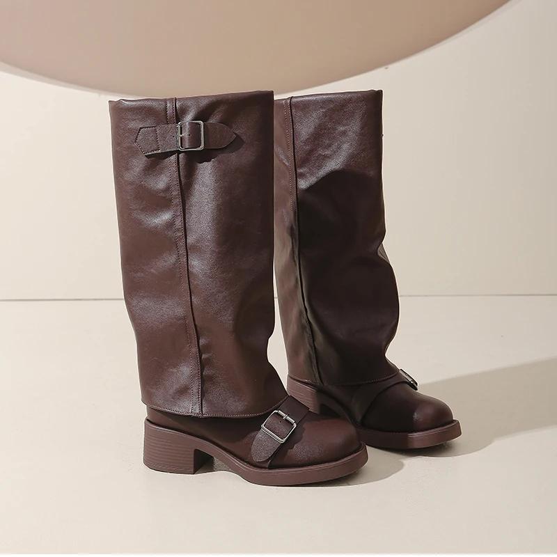 Autumn Winter Vintage Thick Heel Women Knee High Boots Ladies Belt Buckle Knight Long Booties